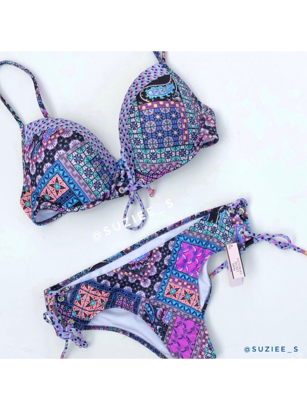 Victoria’s Secret Blue Patchwork Mosaic Print Lace up Bikini Set 34C / S NWT